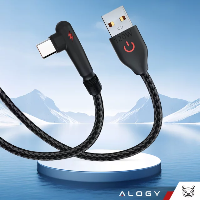 Kabel 200cm USB USB-C mocny szybkie ładowanie 120W Alogy A-C Cable nylonowy przewód Czarny