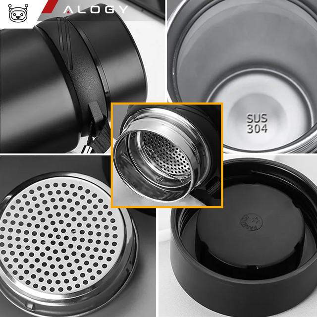 Thermos bottle thermal bottle 1l for coffee yerba mate tea with infuser strainer large Alogy steel black