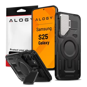 Pouzdro pro Samsung Galaxy S25 s vyztuženou pancéřovanou ochranou objektivu MagSafe s funkcí stojánku, ochranné pouzdro na telefon Alogy HeavyDuty Mag™️Black