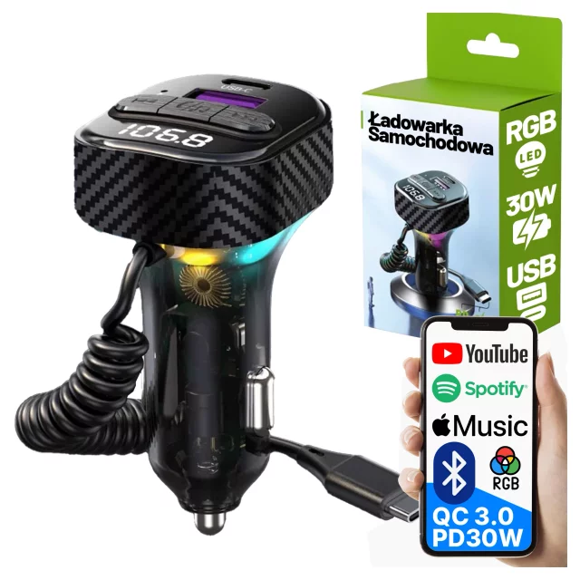 Bluetooth 5.3 FM Transmitter with PD 30W QC3.0 Car Charger, USB-C Spring Cable, Pendrive Support, 7 Color LED Backlight – Alogy CarTune™ Black