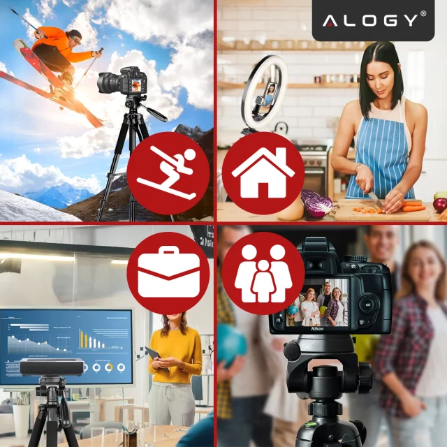 Fotografování ze stativu Stativ Univerzální stojan na fotoaparát 1/4 držák na telefon s fotoaparátem 170 cm Alogy Black