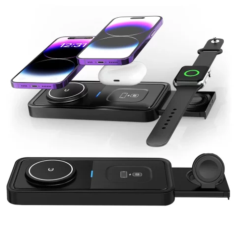 Kabelloses induktives Ladegerät Qi QC 3.0 3in1 Fast für Apple iPhone Airpods Watch Ladestation 15W schwarz