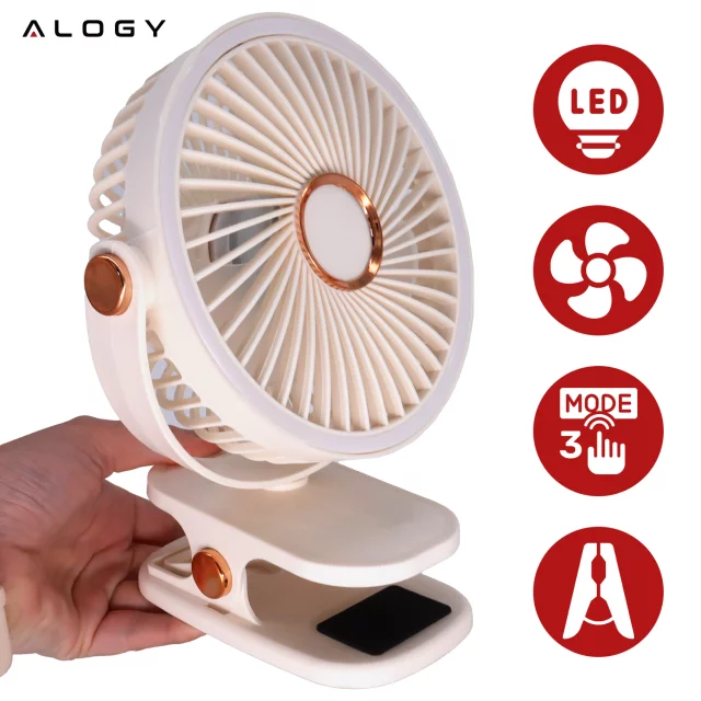 Wentylator wiatrak 2800 mAh wiatraczek LED przenośny klips Alogy biurkowy na biurko wózek dla dziecka bezprzewodowy beżowy