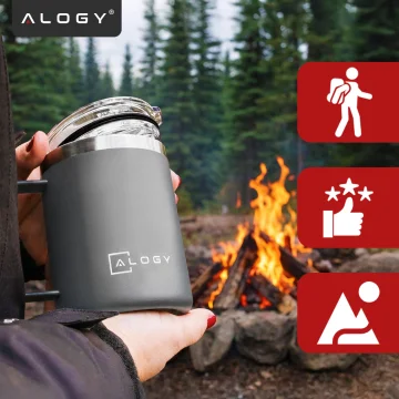 Thermobecher 420 ml mit Henkel und Deckel für Kaffee, Tee, Stahl, Kalt- und Heißgetränke Alogy Grey