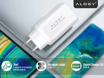 Alogy GaNCharge Compact 3in1 Wall Charger Fast Charging GaN3 65W USB-A 30W 2x USB-C 65W White