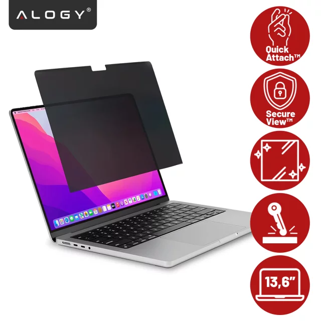 Magnetyczna folia prywatyzująca do MacBook Air 13.6" 2022–2025 – ochrona prywatności, łatwy montaż, pokrowiec do przechowywania, redukcja odblasków – Alogy SecureView™