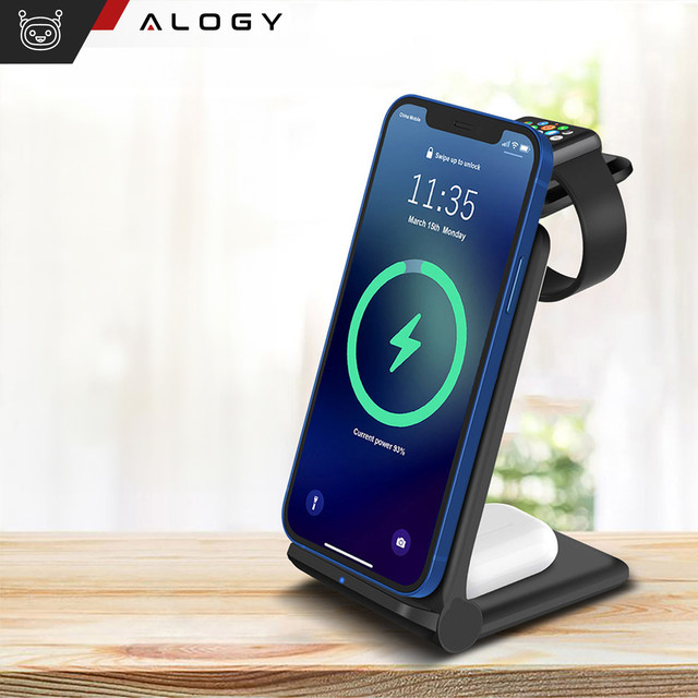 Ładowarka Bezprzewodowa Indukcyjna 3w1 Qi 15W do iPhone, Apple Watch, AirPods stacja ładowania stojak Alogy czarna