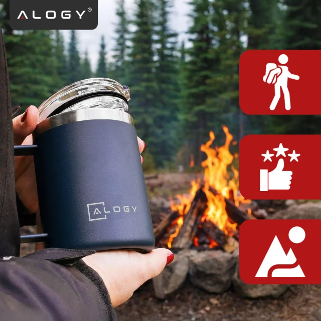 Kubek termiczny 420ml z uchwytem pokrywką na kawę herbatę stalowy zimne i ciepłe napoje Alogy granatowy