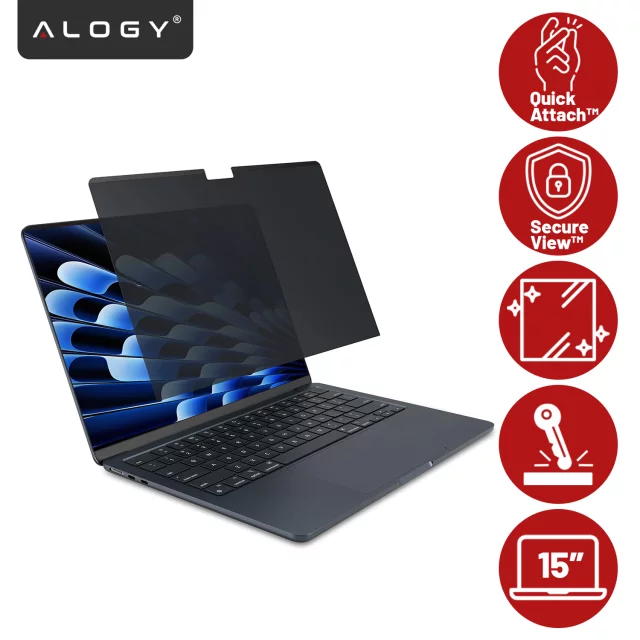 Magnetická fólie pro Macbook Air 15" 2023-2025 - Ochrana soukromí, snadná instalace, kryt pro uložení, redukce odlesků - Alogy SecureView™