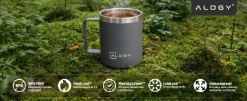 Termohrnek 420 ml s uchem a víčkem na kávu, čaj, ocel, studené a teplé nápoje Alogy Grey