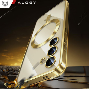 Hülle für Samsung Galaxy S24 Plus Mag Safe Glamour Case Ringgehäuse Kameraschutz Alogy Gold Transparent