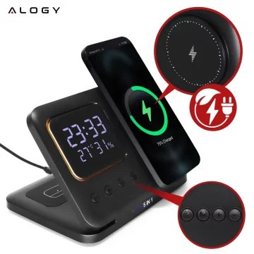ŁADOWARKA INDUKCYJNA BEZPRZEWODOWA SZYBKA STACJA 5w1 ZEGAR LED 15W USB-C do MagSafe do Apple iPhone Watch AirPods z zegarem i higrometrem Czarna