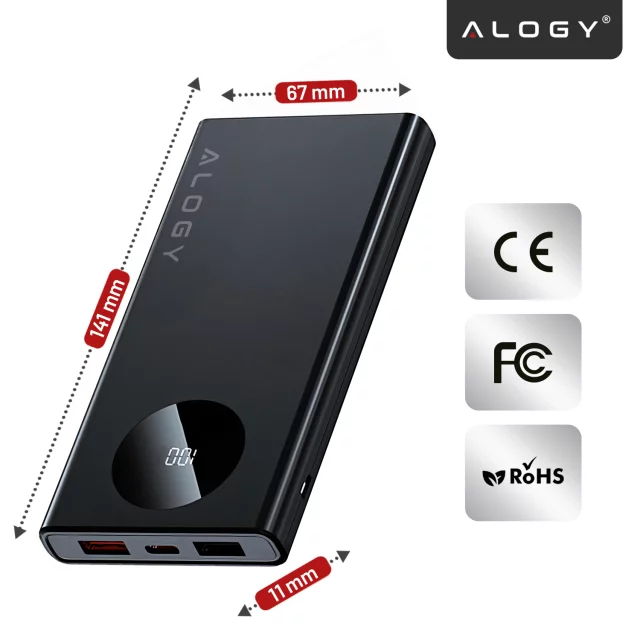 PowerBank 10000mAh z Technologią PD 120W, Szybkie Ładowanie PowerDelivery, Porty 2x USB-A i 1x USB-C, Wysoka Moc i Kompaktowy Design, Alogy TurboCharge™ – Czarny