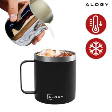 Thermal mug 420 ml with a handle and lid for coffee, tea, steel, cold and hot drinks, Alogy Black