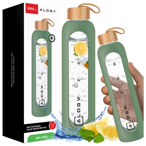 Alogy Large Glass Bottle Drinking Bottle Motivational Measuring Cup 1l 1000ml Silicone Case Olive