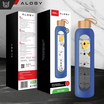 Alogy Large Glass Bottle Drinking Bottle Motivational Measuring Cup 1l 1000ml Silicone Case Blue