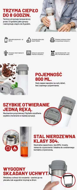 Kubek termiczny Termos Alogy ThermoGo™ 800ml Stalowy Szczelny Pakowny Podróżny do Kawy i Herbaty Sportowy Długo Trzymający Ciepło do Auta i Plecaka Biały
