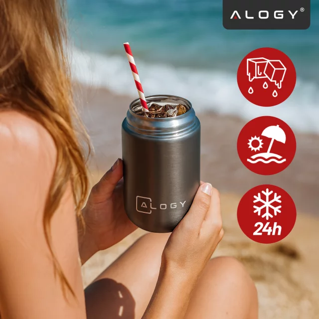 Termos pojemnik obiadowy na jedzenie żywność zupę lód dla dzieci 700ml Alogy ze stali nierdzewnej + składana łyżeczka termiczny szary