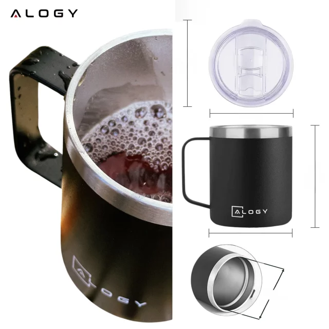Thermobecher 420 ml mit Henkel und Deckel für Kaffee, Tee, Stahl, Kalt- und Heißgetränke, Alogy Black