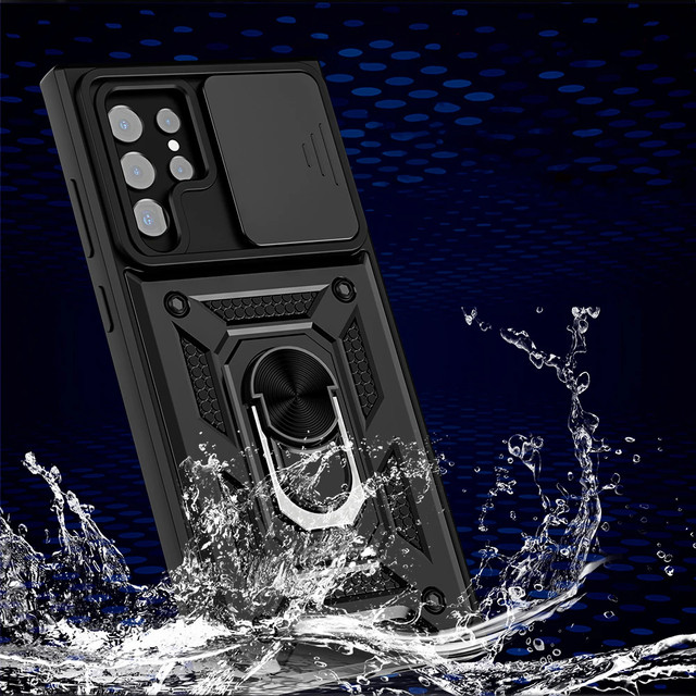 Gepanzerte Hülle mit Kameraabdeckung Alogy Camshield Stand Ring für Samsung Galaxy S22 Ultra schwarz