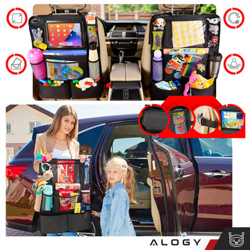 2x organizér do auta na autosedačku, zádová opěrka, autosedačka, chránič Alogy na tablet, Černá