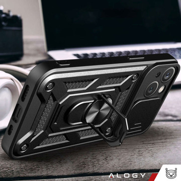 Armored case for iPhone 15 Plus Camshield Case Ring Alogy Stand with slide camera cover, black
