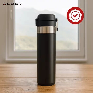 Kubek termiczny Termos Alogy ThermoGo™ 800ml Stalowy Szczelny Pakowny Podróżny do Kawy i Herbaty Sportowy Długo Trzymający Ciepło do Auta i Plecaka Czarny