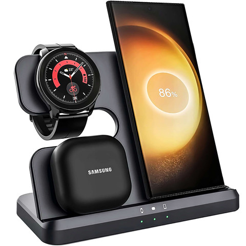 Ładowarka Bezprzewodowa Indukcyjna 3w1 Qi 3.0 Szybka do Samsung S22 S23 S24 S25 Galaxy Watch Buds Stacja czarna