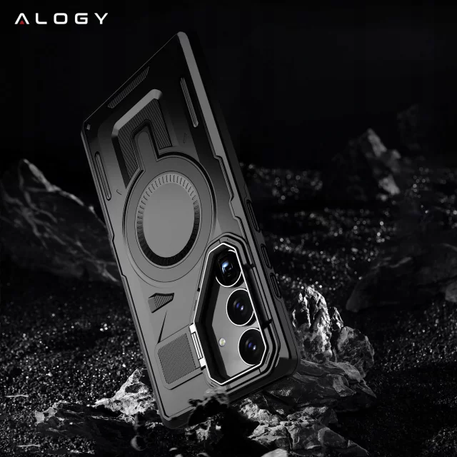 Etui do Samsung Galaxy S25 Case do MagSafe Wzmocniona Pancerna ochrona obiektywów z funkcją podstawki obudowa ochronna na telefon Alogy HeavyDuty Mag™️Czarne