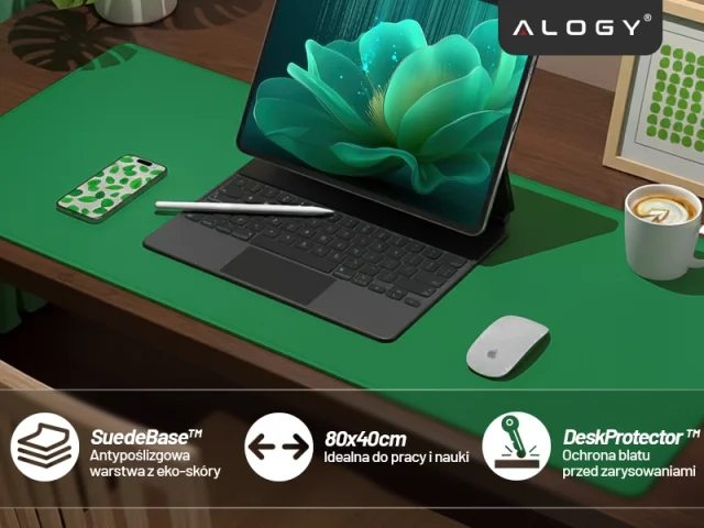 Podkładka na biurko 80×40 cm – antypoślizgowa mata ochronna z eleganckiej ekoskóry PU, pod mysz i klawiaturę, stylowa i trwała – Alogy WorkMat™ Zielona