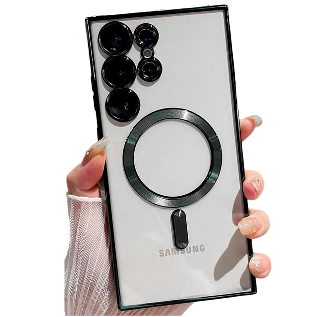Hülle für Samsung Galaxy S24 Ultra Mag Safe Glamour Case Ringgehäuse Kameraschutz Alogy Schwarz Transparentes Glas
