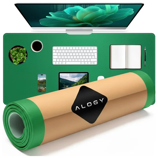Podkładka na biurko 90×45 cm – antypoślizgowa mata ochronna z eleganckiej ekoskóry PU, pod mysz i klawiaturę, stylowa i trwała – Alogy WorkMat™ Zielona