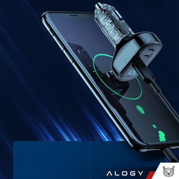 Car charger 2x USB-C C PD 36W USB QC 3.0 LED fast for phone, powerful 72W Alogy black