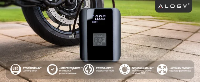 Elektrická pumpa na kolo pro kolo Bezdrátový automobilový vzduchový kompresor přenosný se svítilnou 150 PSI Alogy Black