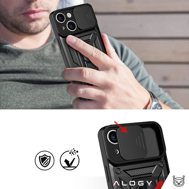 Armored case for iPhone 15 Plus Camshield Case Ring Alogy Stand with slide camera cover, black