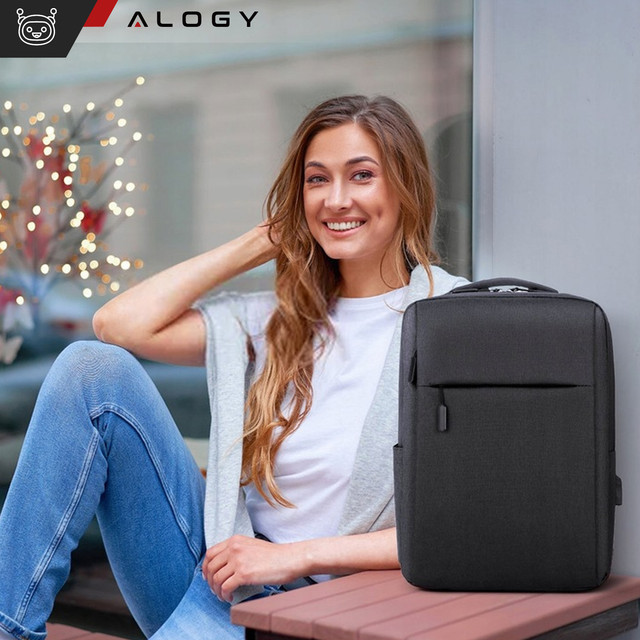 Backpack laptop bag 15.6" large waterproof with USB port Unisex 41x29x12cm for plane Alogy Backpack Black