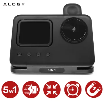 ŁADOWARKA INDUKCYJNA BEZPRZEWODOWA SZYBKA STACJA 5w1 ZEGAR LED 15W USB-C do MagSafe do Apple iPhone Watch AirPods z zegarem i higrometrem Czarna