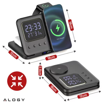 ŁADOWARKA INDUKCYJNA BEZPRZEWODOWA SZYBKA STACJA 5w1 ZEGAR LED 15W USB-C do MagSafe do Apple iPhone Watch AirPods z zegarem i higrometrem Czarna