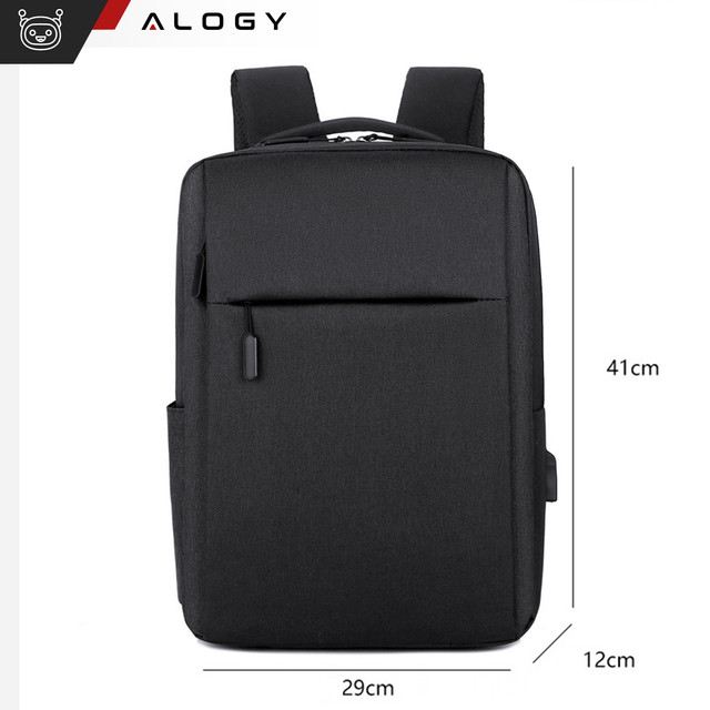 Backpack laptop bag 15.6" large waterproof with USB port Unisex 41x29x12cm for plane Alogy Backpack Black