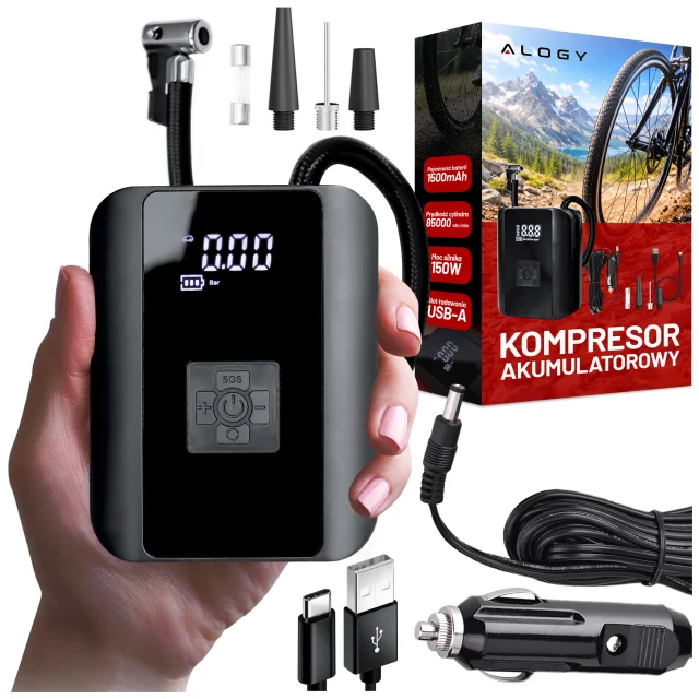 Pompka elektryczna rowerowa do roweru Bezprzewodowa Kompresor Samochodowy przenośny z latarką 150 PSI Alogy Czarna