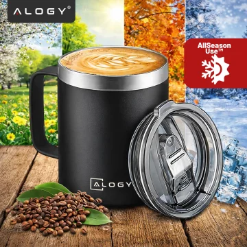 Thermobecher 420 ml mit Henkel und Deckel für Kaffee, Tee, Stahl, Kalt- und Heißgetränke, Alogy Black