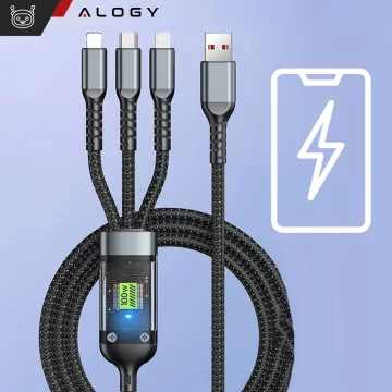 120cm Alogy 3in1 Fast Charging Charging Cable 100W USB to USB-C Micro Lightning Black