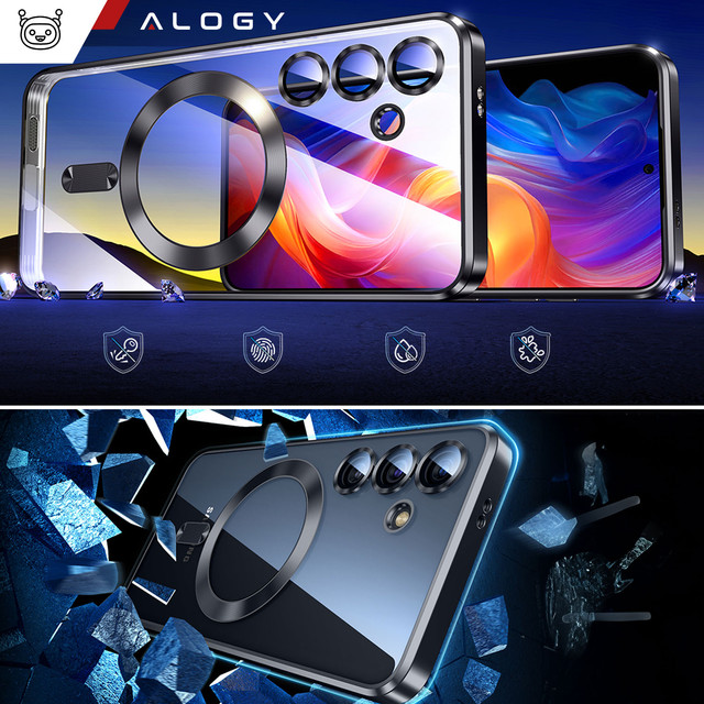 Case for Samsung Galaxy S24 Mag Safe Glamor Case Ring Housing Camera Protection Alogy Black Transparent Glass