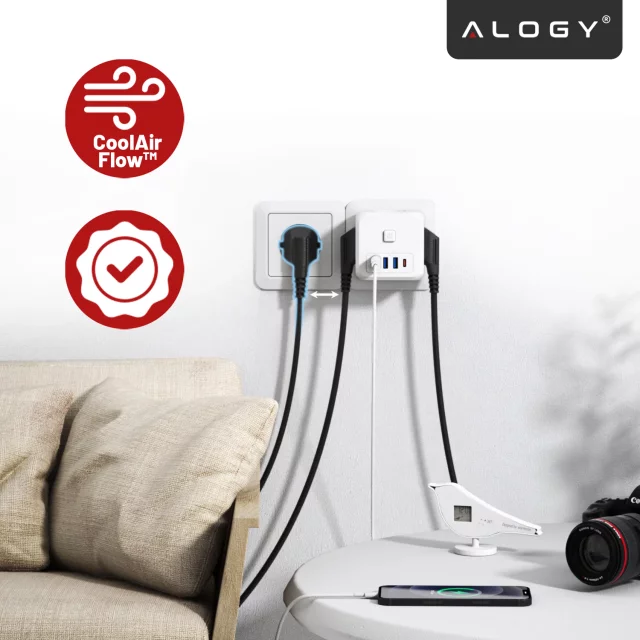 Síťový splitter splitter Adaptér nabíječky zloděj 3 zásuvky EU 3x USB USB-C C 7v1 Alogy Bílá