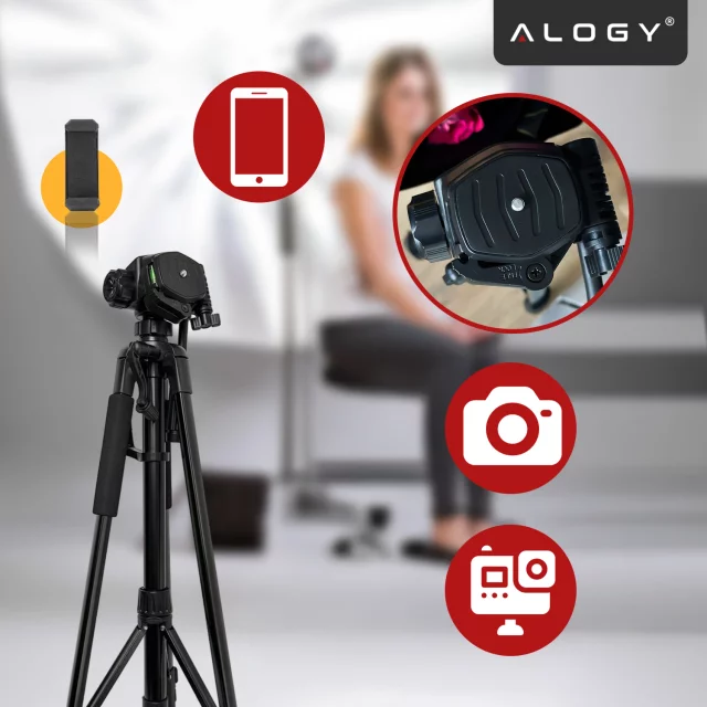 Fotografování ze stativu Stativ Univerzální stojan na fotoaparát 1/4 držák na telefon s fotoaparátem 170 cm Alogy Black
