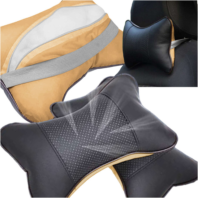 Profiled car neck pillow for the headrest of the car, comfortable soft eco-leather Alogy Black