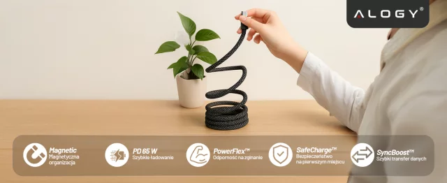 Kabel Zasilający USB-C do USB-C 65W 1m, Szybkie Ładowanie PD, Magnetyczny, Trwały i Elastyczny Przewód Kompatybilny z iPhone, MacBook i Android, Alogy MagiCharge™ – Czarny