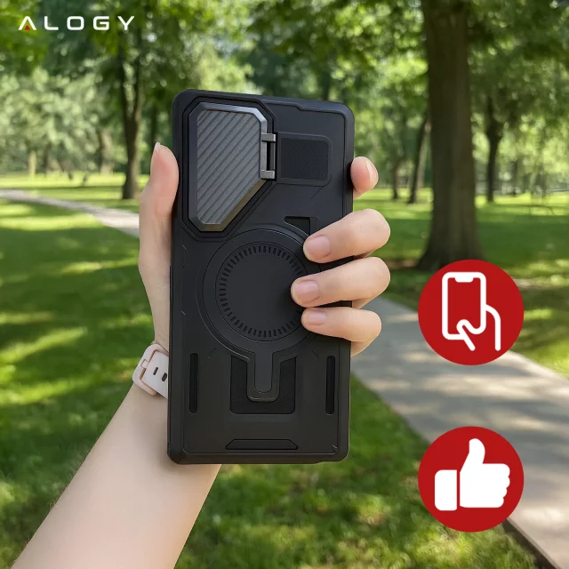 Etui do Samsung Galaxy S25 Ultra Case do MagSafe Wzmocniona Pancerna ochrona obiektywów z funkcją podstawki obudowa ochronna na telefon Alogy HeavyDuty Mag™️Czarne + SZKŁO HARTOWANE