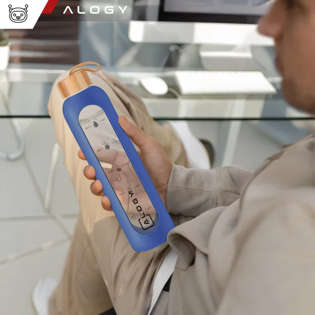Velká skleněná láhev, láhev na pití Alogy Motivační odměrka 1l 1000ml, silikonové pouzdro Modré