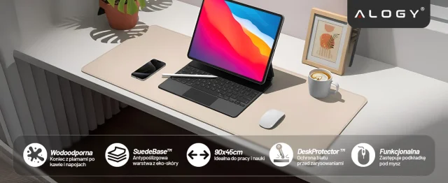 Podkładka na biurko 90×45 cm – antypoślizgowa mata ochronna z eleganckiej ekoskóry PU, pod mysz i klawiaturę, stylowa i trwała – Alogy WorkMat™ Beżowa